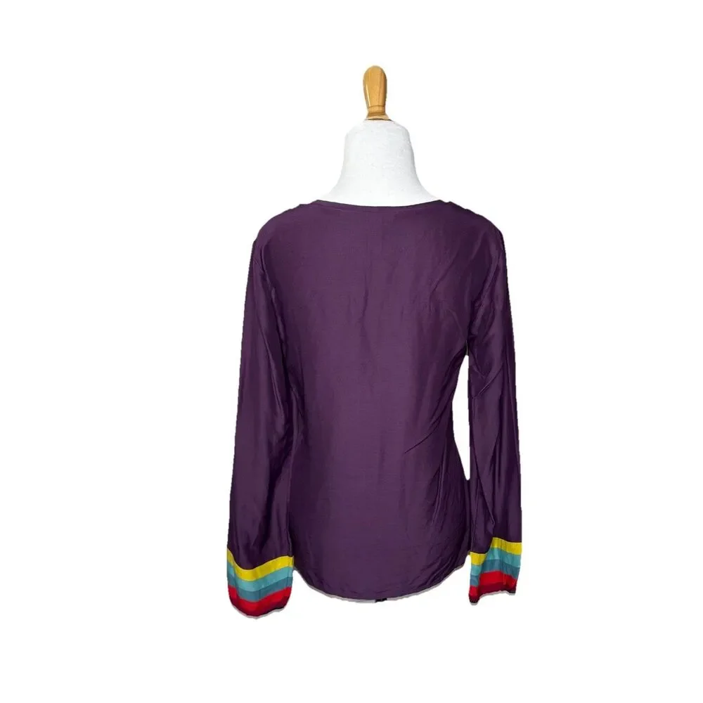 Boden Purple Silk Blend Notch Neck Puff Sleeve Long Sleeve Blouse Size 4 Womens